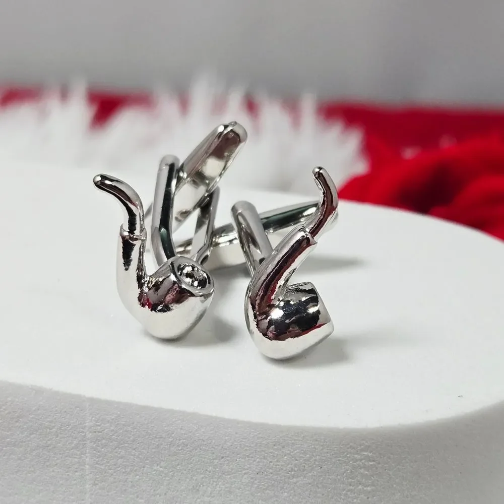 Vintage Pipe Cufflinks Silver Eclectic Gentleman Grandpa Style Business Tux Gift